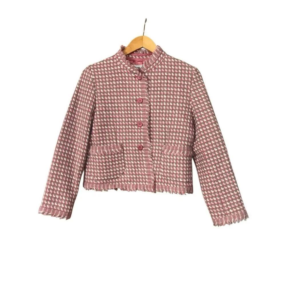 Pendleton Tweed virgin wool Blazer cropped pink gray cream fringe size 6P Made i
